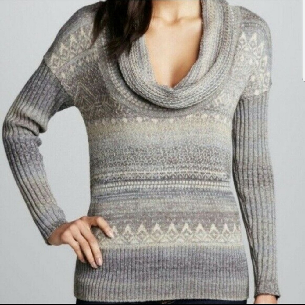 Free People Women Sweater Striped Fair Isle Cowl Neck Knit Drop Shoulder Wool XS